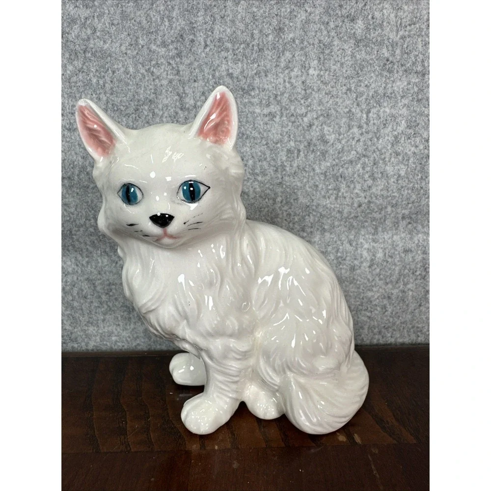 Vintage Small White Long Hair Cat Figurine‎ Porcelain
